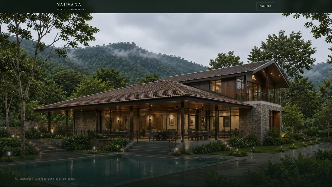 Frame from the Yauvana scroll sequence: a render of the clubhouse and pool at dusk