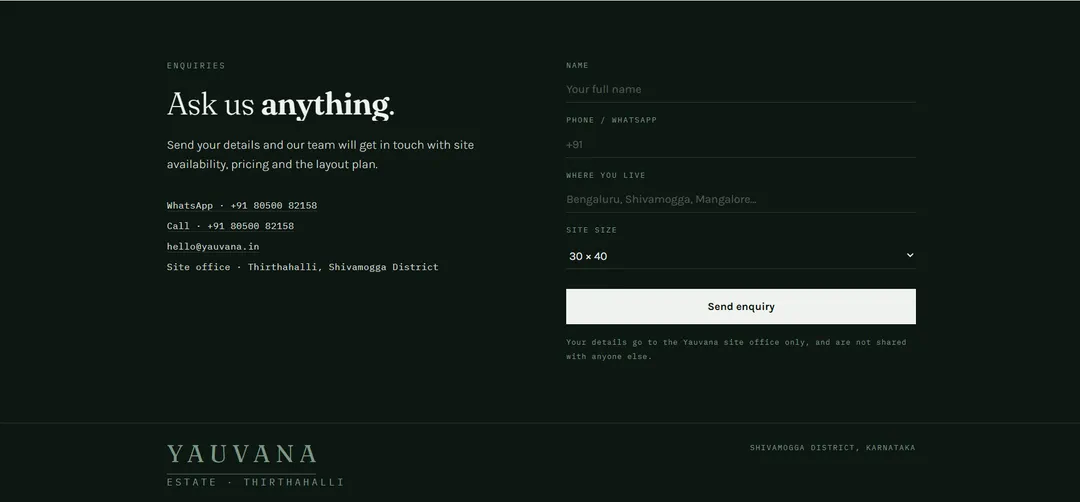 Yauvana Estate enquiry section on a computer: the heading “Ask us anything.”, the site office’s contact details, and a form for name, phone, where you live and site size, with a “Send enquiry” button