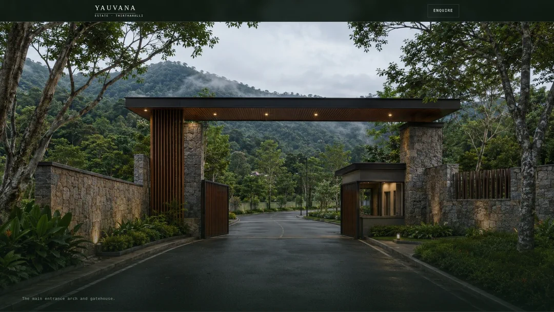 Frame from the Yauvana scroll sequence: a render of the main entrance arch and gatehouse