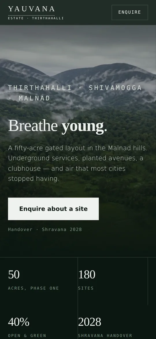Yauvana Estate site on a mobile phone, showing the headline “Breathe young.”